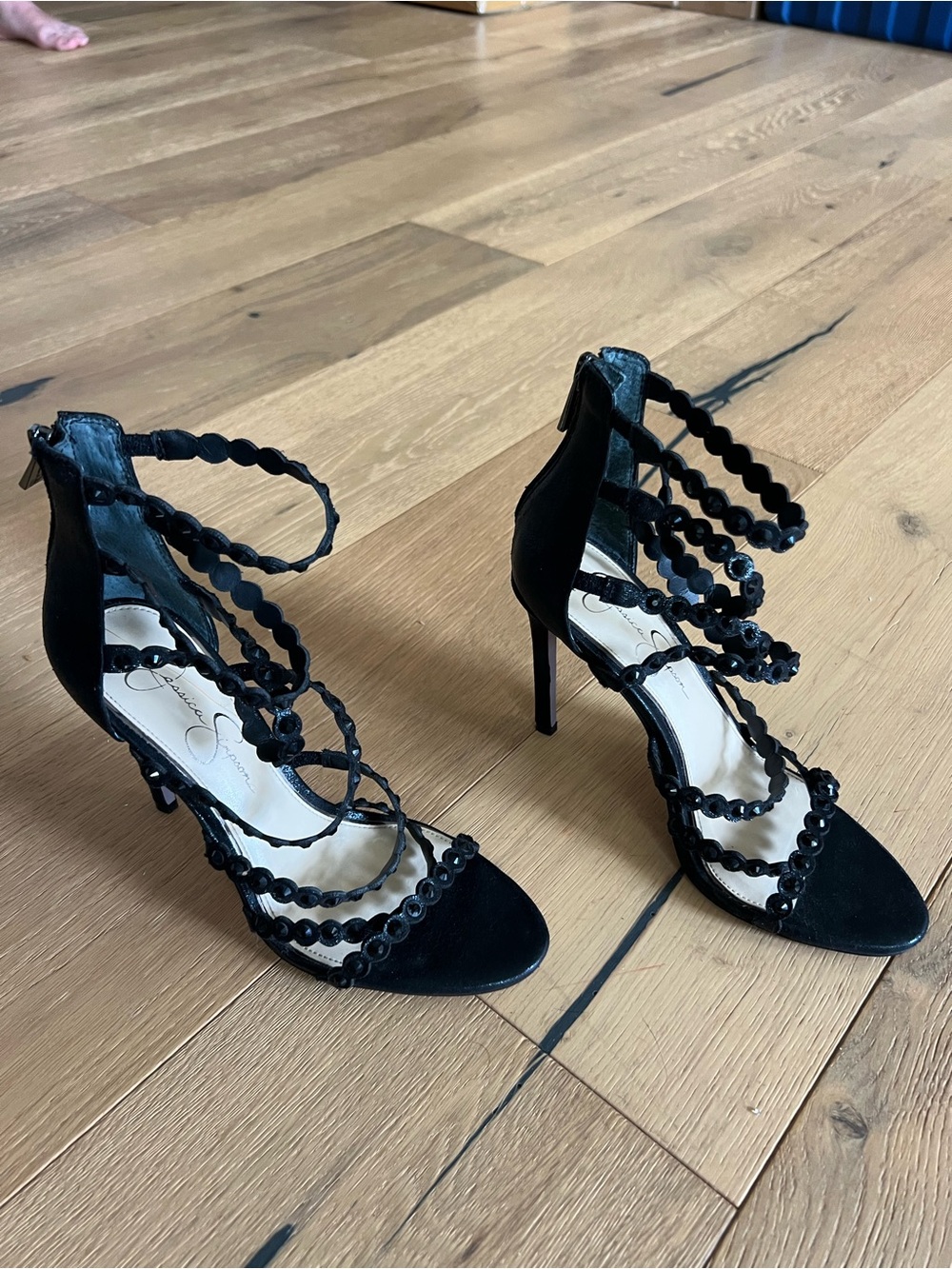 Jessica Simpson Black Beaded Scalloped Strappy Stiletto Heels